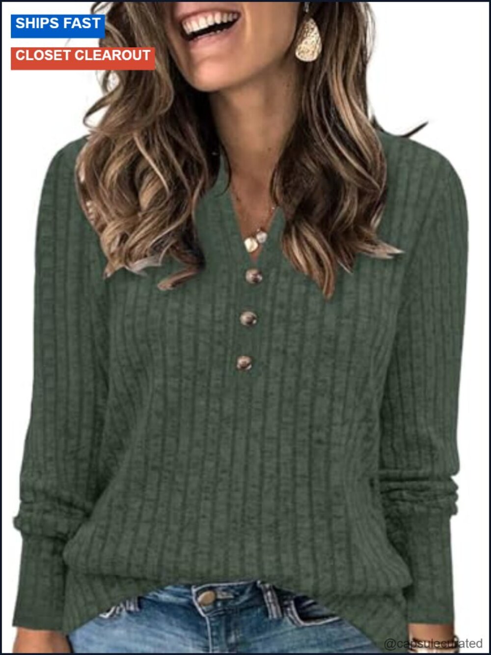 Plus Size Long Sleeve V-Neck Henley Tunic Sweater Loose Fit